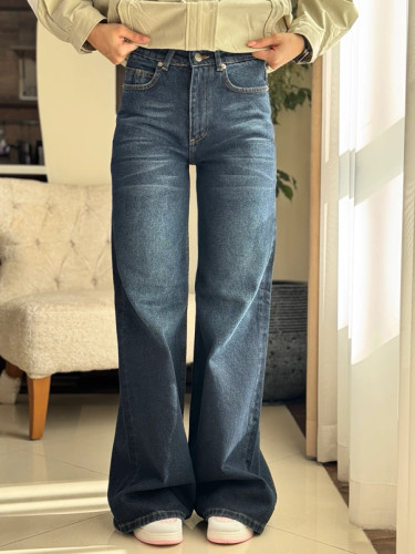 شلوار جین زنانه سرمهای تیره مدل واید لگ