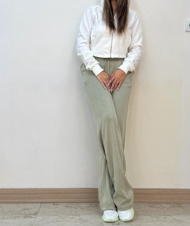 شلوار واید لگ سبز ماچا کمرکش مناسب استایل کژوال