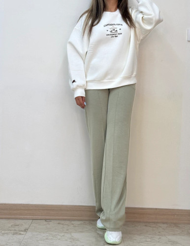 شلوار گرمکن سبز ماچا واید لگ کمرکش پارچه اویشو