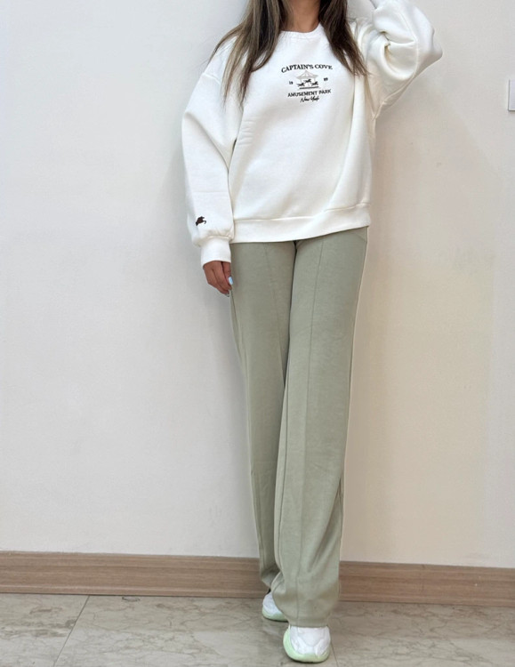 شلوار گرمکن سبز ماچا واید لگ کمرکش پارچه اویشو