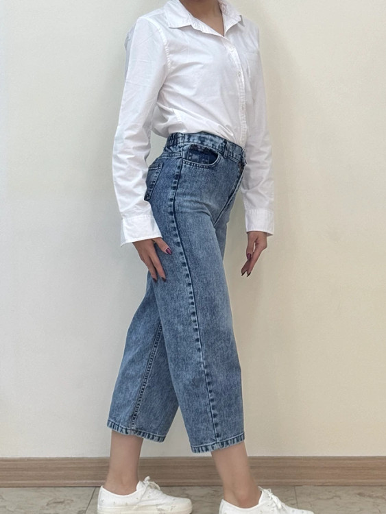 شلوار جین واید لگ آبی کمرکش قد ۹۰