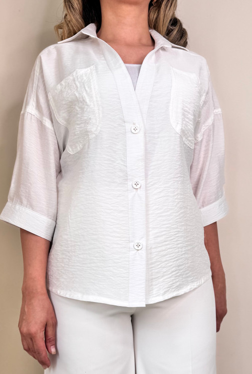 خرید شومیز خنک یقههفت تابستانی رنگ سفید، انتخابی سبک و breathable برای استایل تابستانی، مناسب سئو شومیز زنانه ساده.